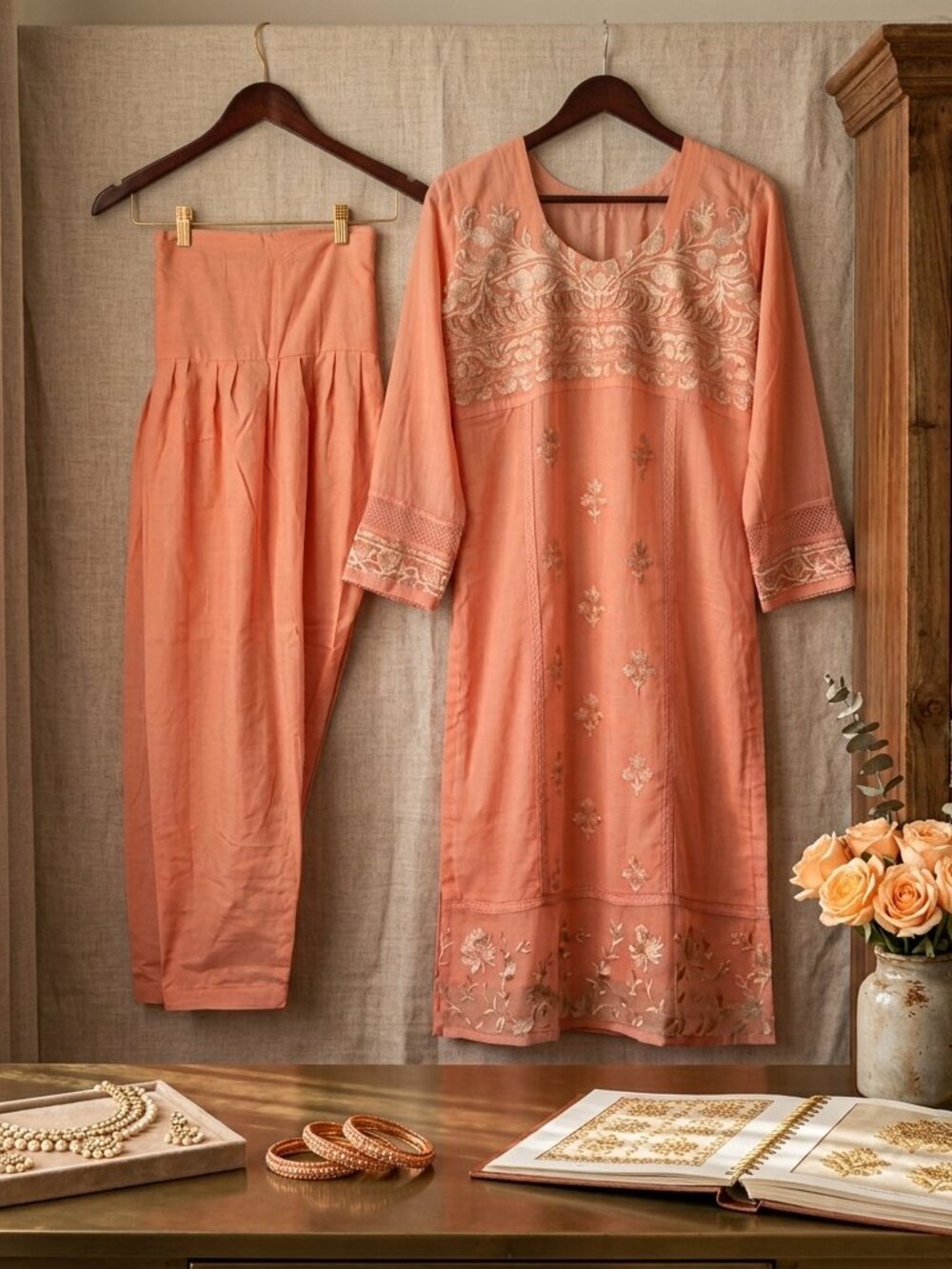 Embroidered Peach Women's Salwar Kurta Tunic & Pants Set